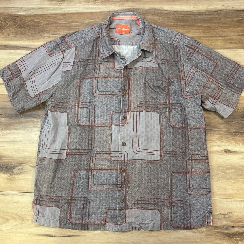 Tommy Bahama Shirt Mens L Geometric 100% Silk Relaxed Fit Grey Orange Resort